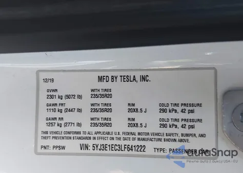 2020 Tesla Model 3 Performance Dual Motor All-Wheel Drive z USA, uszkodzony, nr VIN 5YJ3E1EC3LF641222